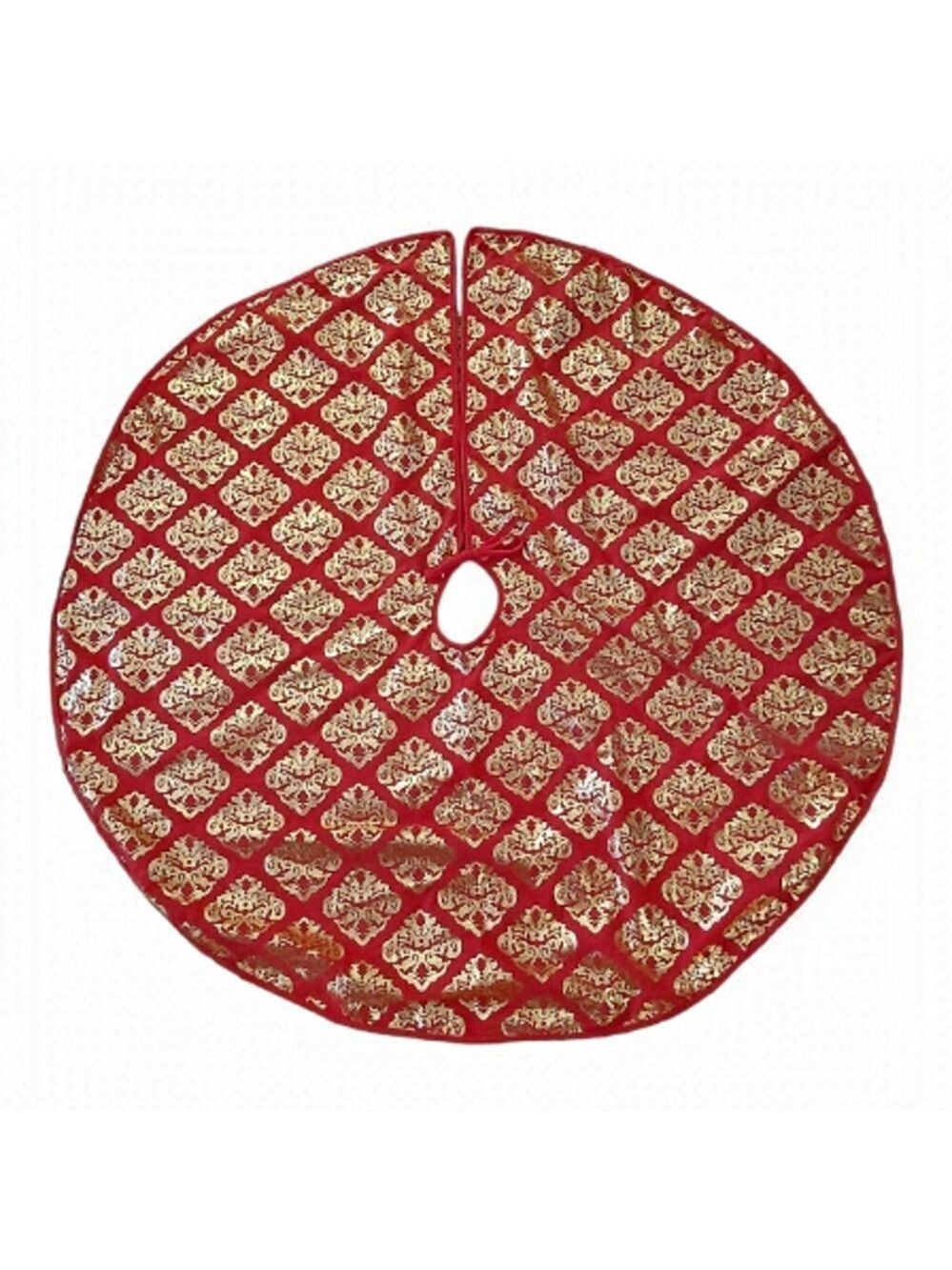 NWOT Large 45 Inch Red/Gold Gilded Christmas Tree Skirt With Tie Closure
